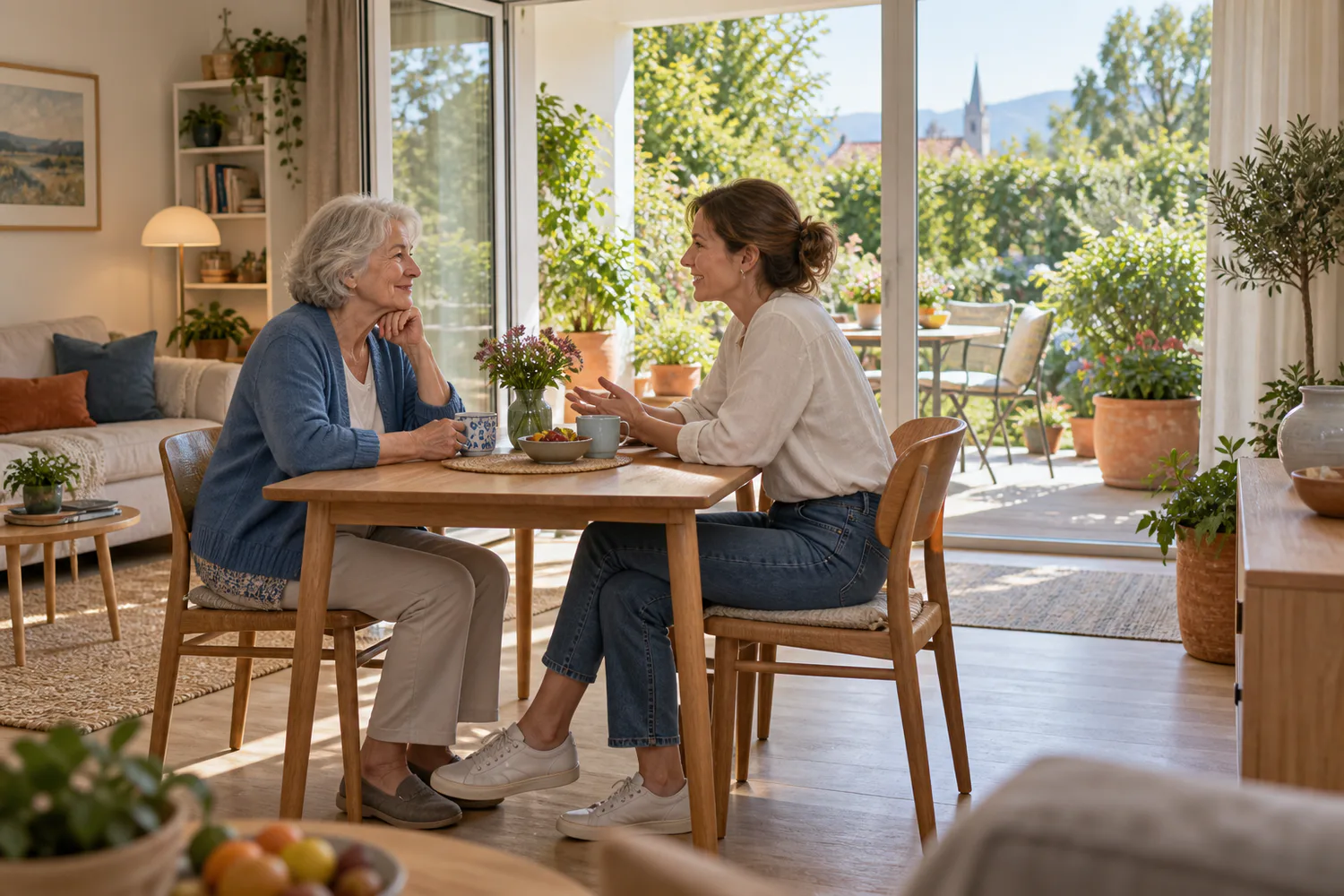 Ältere Frau und erwachsene Tochter sprechen in einem hellen Wohnraum mit Terrasse